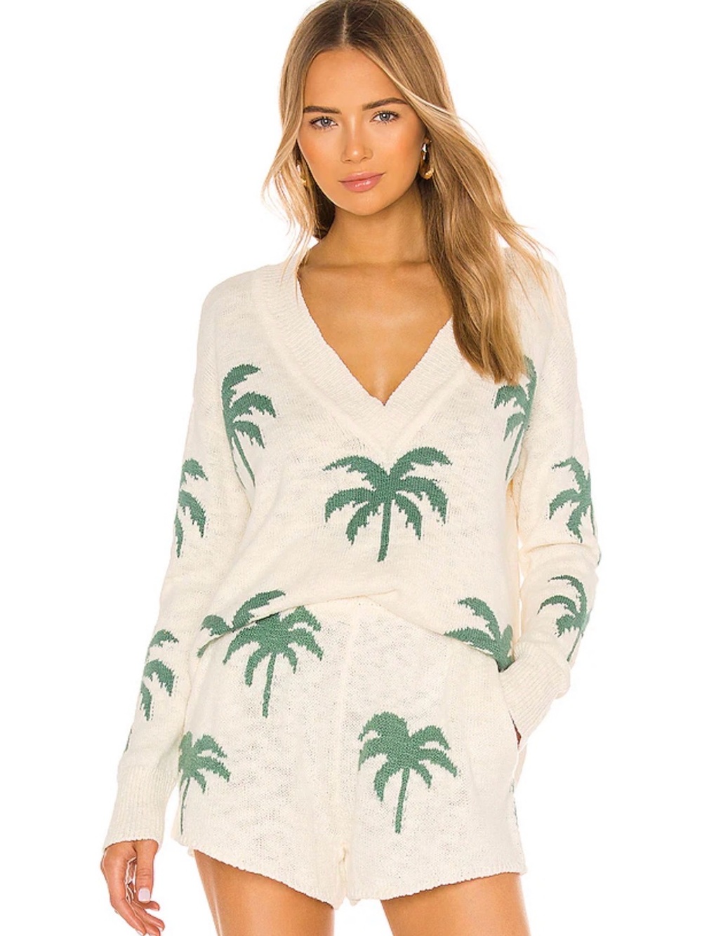 Show Me Your MuMu Cream Palm Tree Knit V-Neck Sweater & Shorts Set